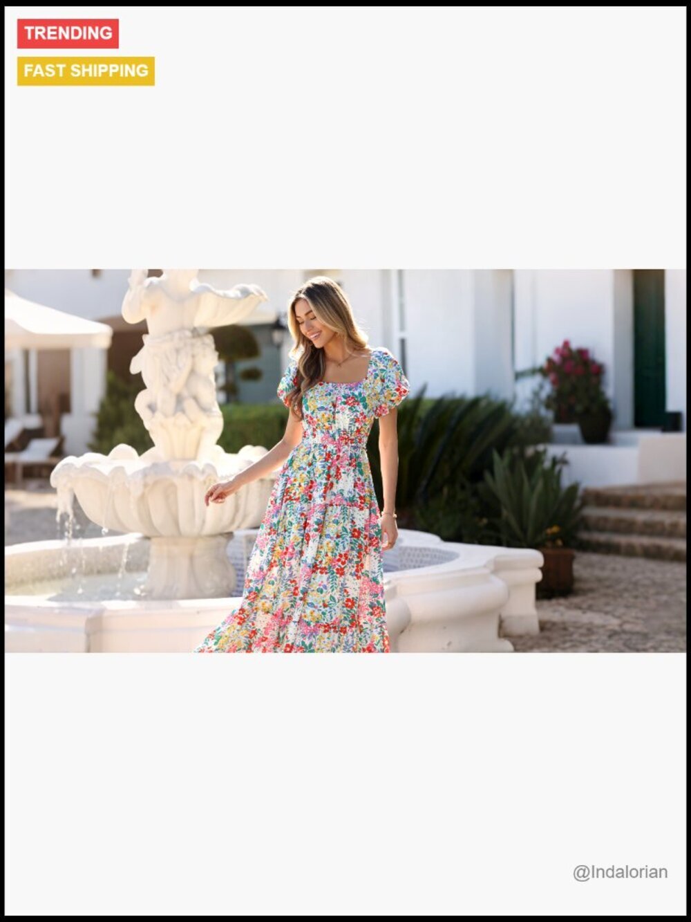 Polyester Maxi Dress with Puff Sleeves Square Neck Smocked Tiered Pockets - Picture 7 of 7